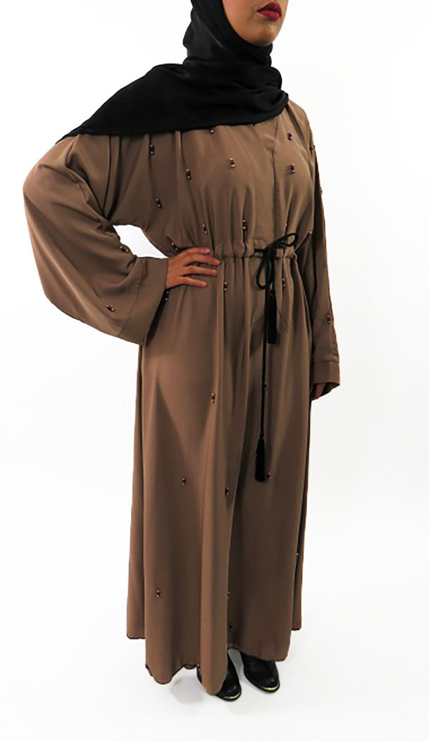Light brown beaded abaya with embellished neckline, front view