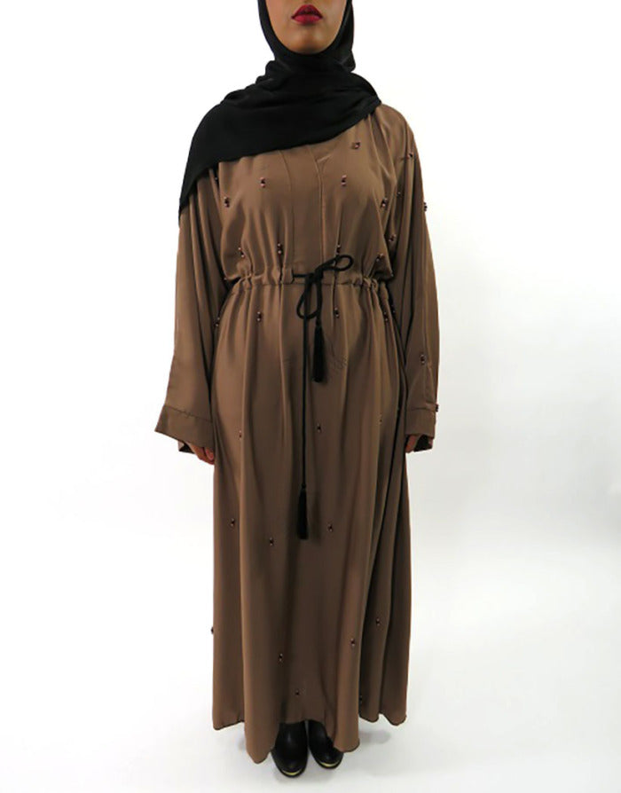 Flowing light brown closed abaya, full length