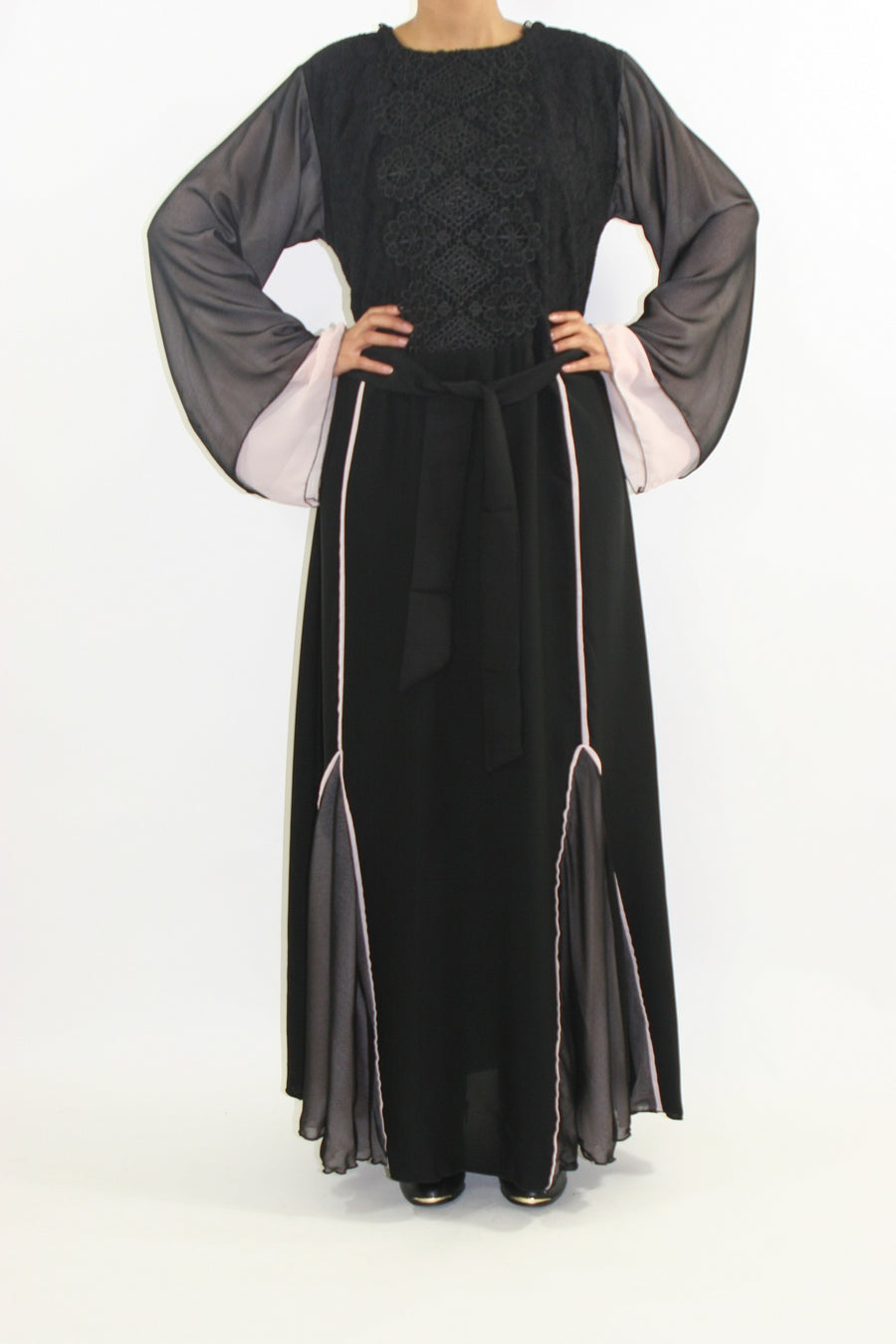 Designer Neda closed abaya showing its modern flattering drape
