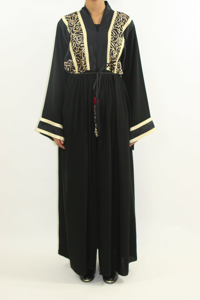 Black and gold two-piece trouser abaya set, front view