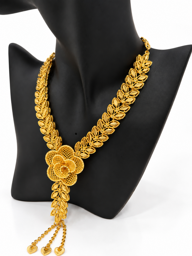 24K gold-plated rose and leaf necklace with three heart-drop chains