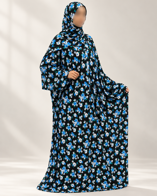 Azure floral one-piece prayer dress without lace – full front view