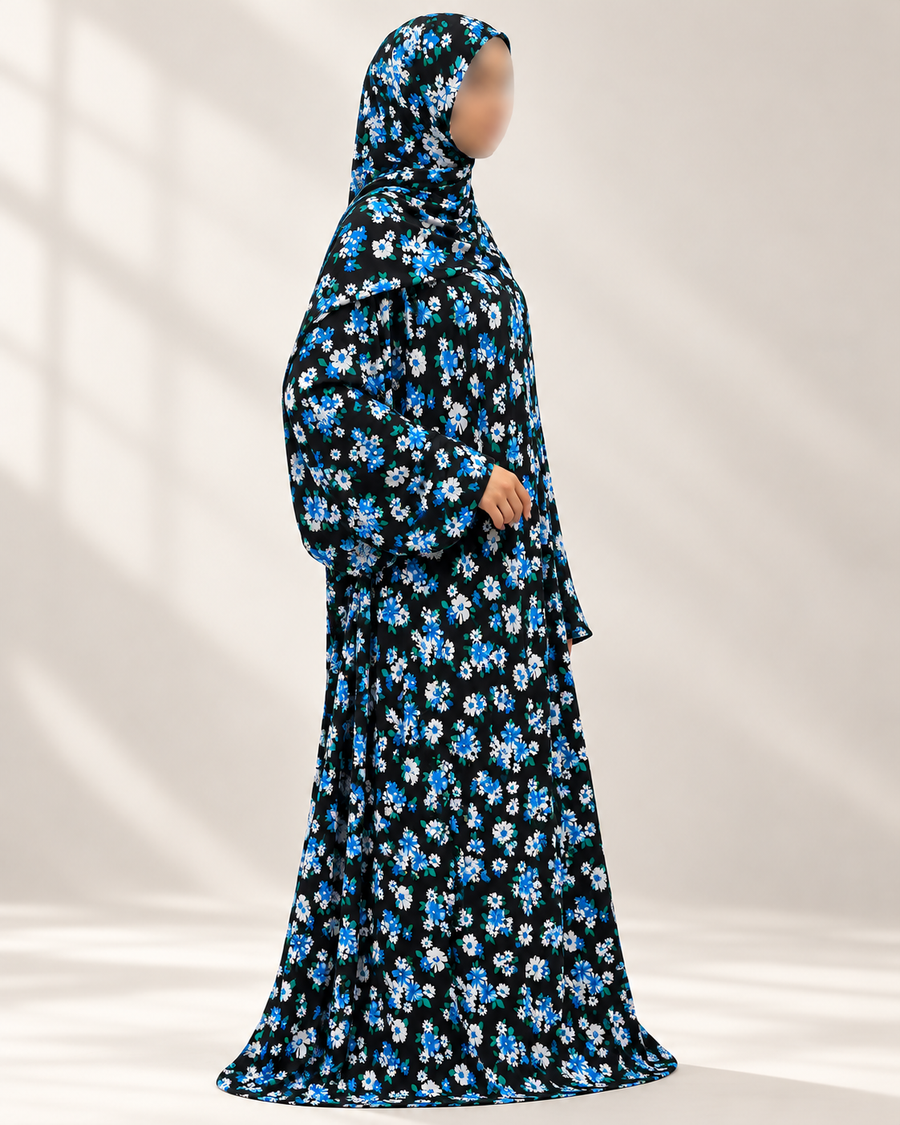 Azure floral prayer dress with attached hijab – side view