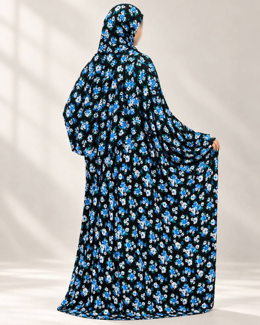 Azure floral prayer dress without lace – rear three-quarter view