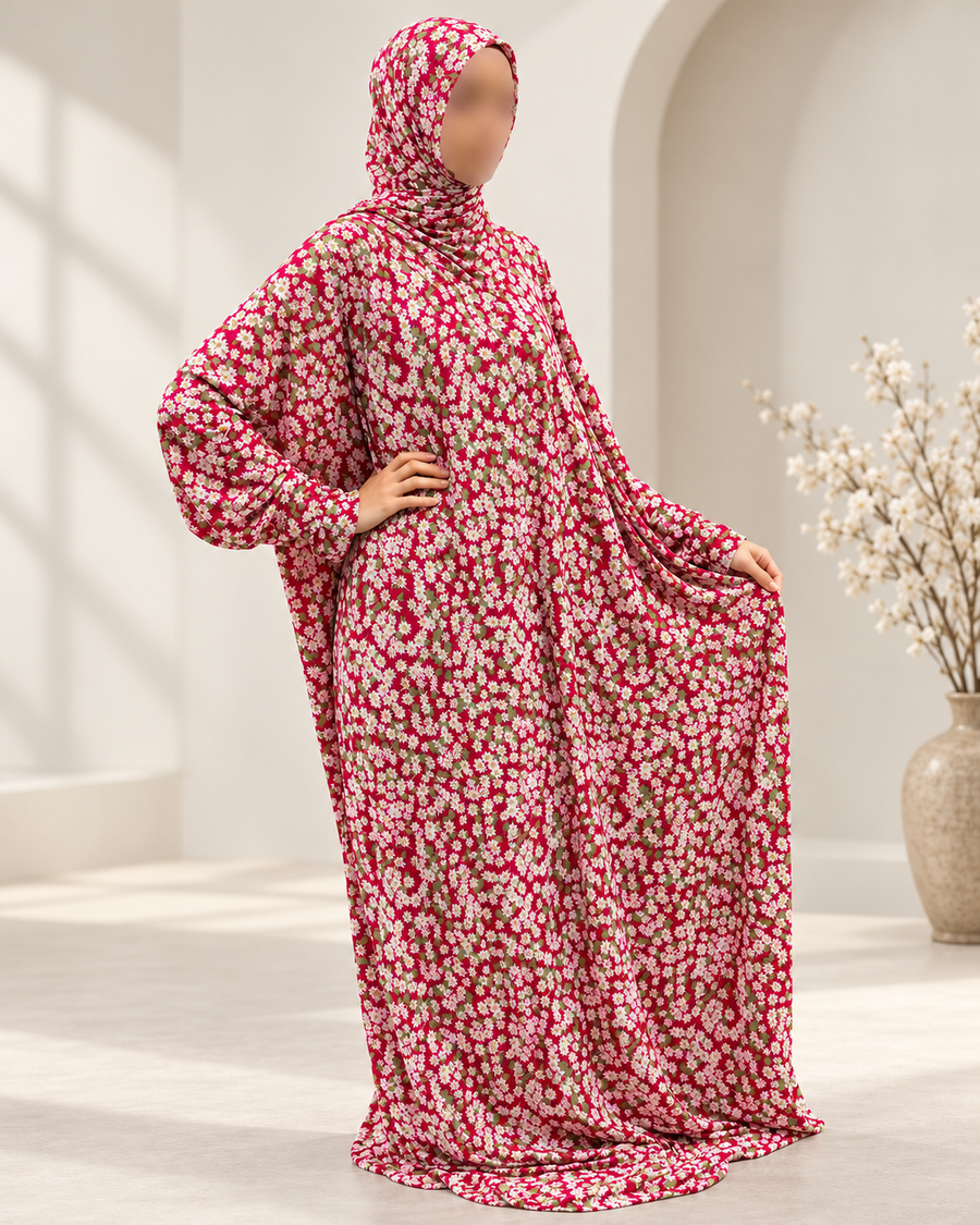 Crimson red floral prayer dress without lace – front view