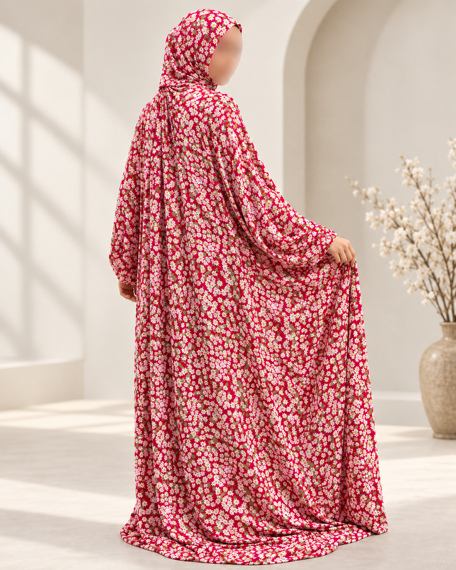 Crimson red floral prayer dress without lace – rear three-quarter view