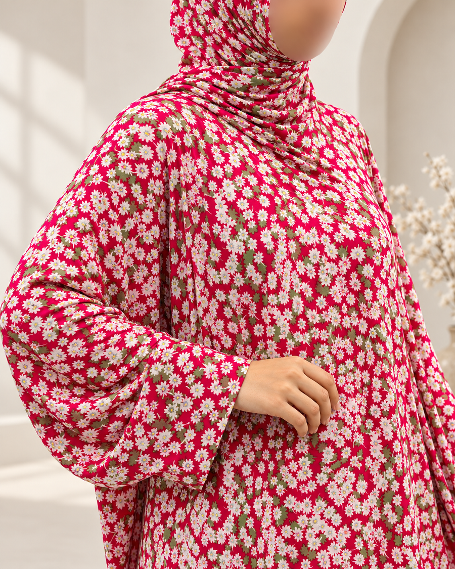 Crimson red floral prayer dress without lace – close-up detail