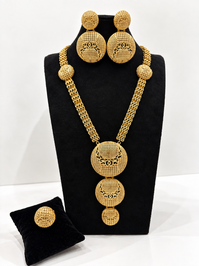1 gram gold-plated medallion jewellery set with necklace earrings and ring