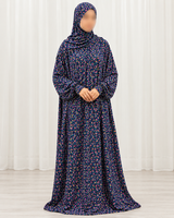 Amani's navy mini floral one piece prayer dress with attached hijab, front view showing sleeves down naturally, no lace
