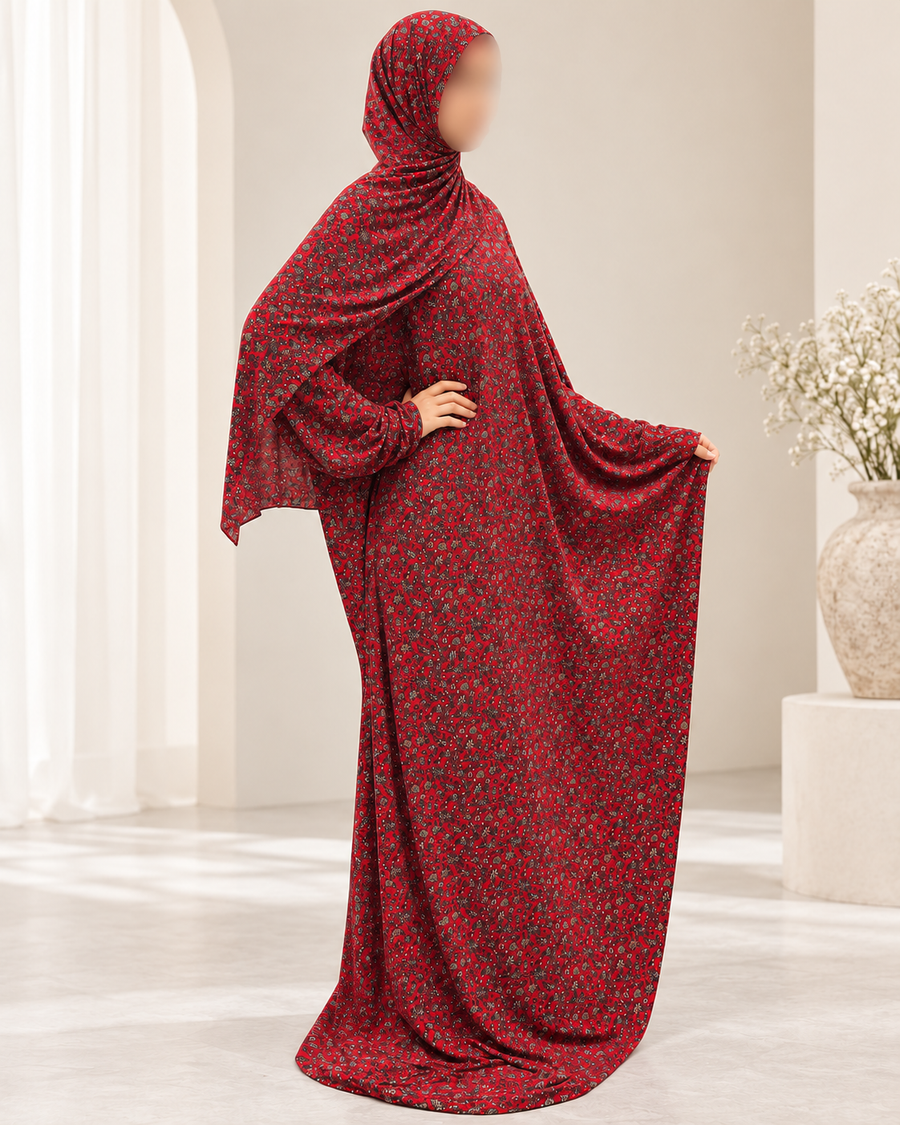 Red tiny-flower print prayer dress with attached hijab, side profile and loose sleeve