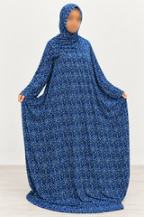 Amani's royal blue micro floral one-piece prayer dress with attached hijab, front view showing straight sleeves, full width and no lace