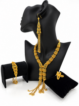 Gold-tone tiered tassel jewellery set with necklace earrings bracelet and ring