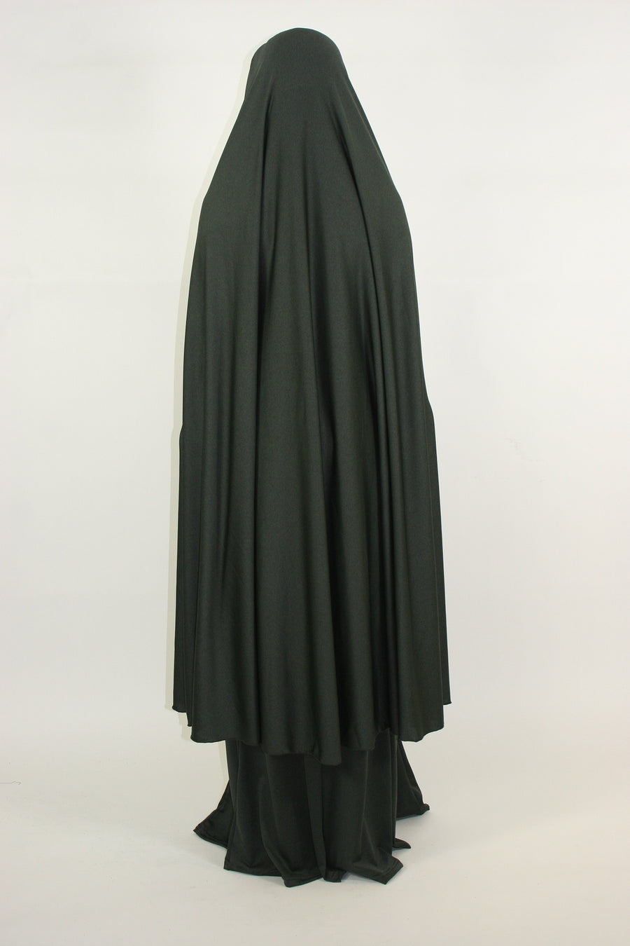 Army green jersey jilbab showing the khimar-style overhead top