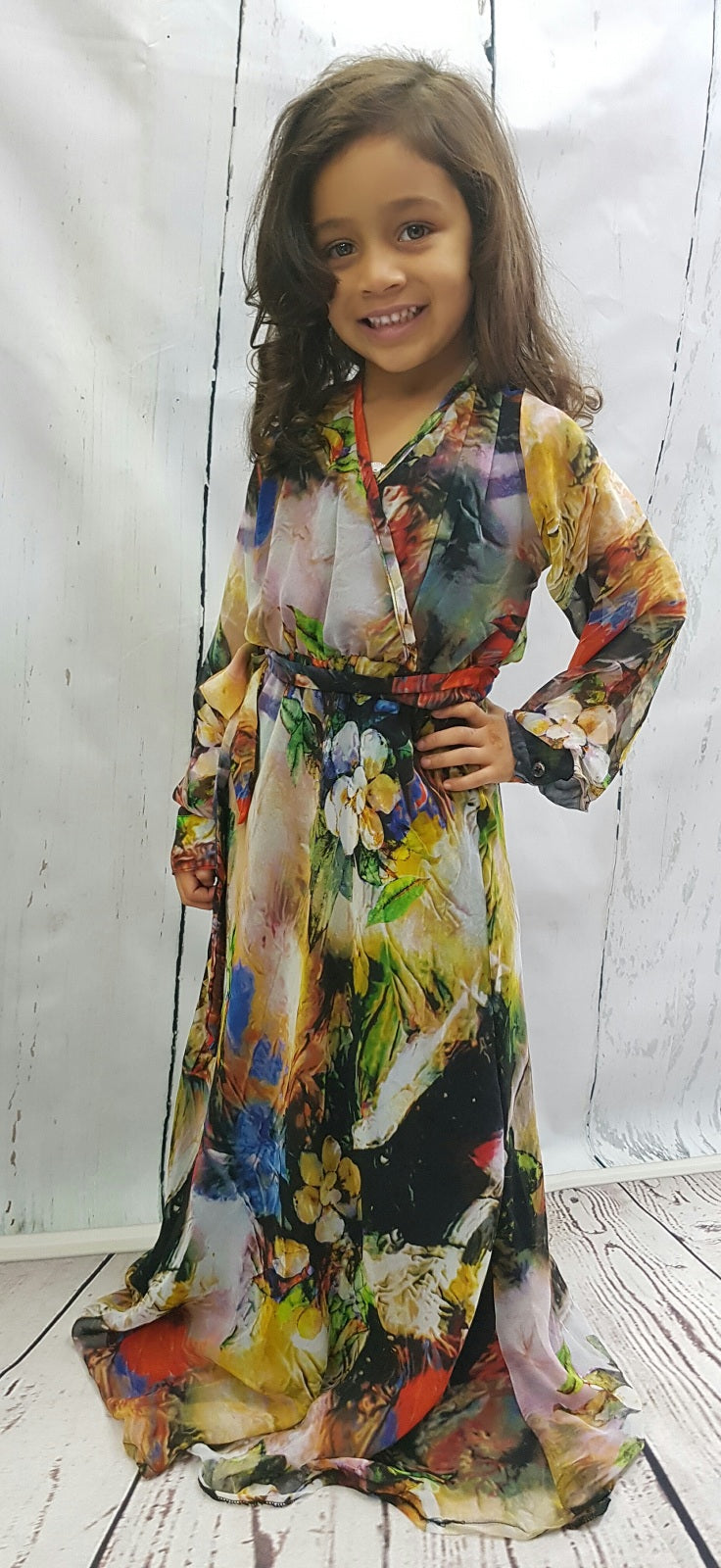 Girl wearing Mia's floral shirt-collar chiffon long-sleeve maxi dress