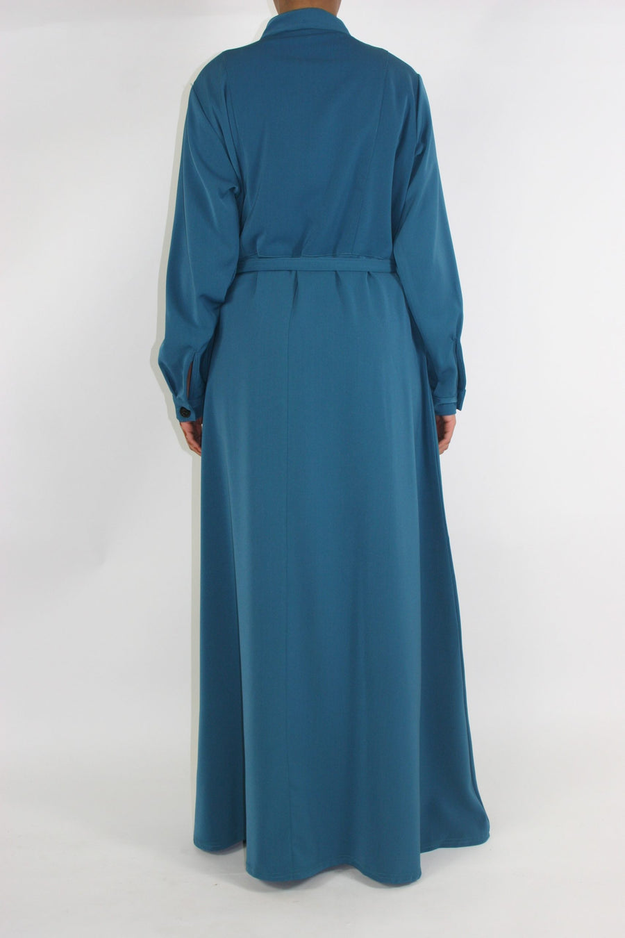 Turquoise maxi jacket showing collared neck and button front