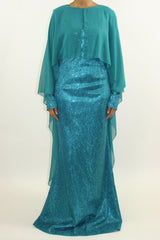 Occasion lace and satin maxi dress with attached chiffon cape, front view