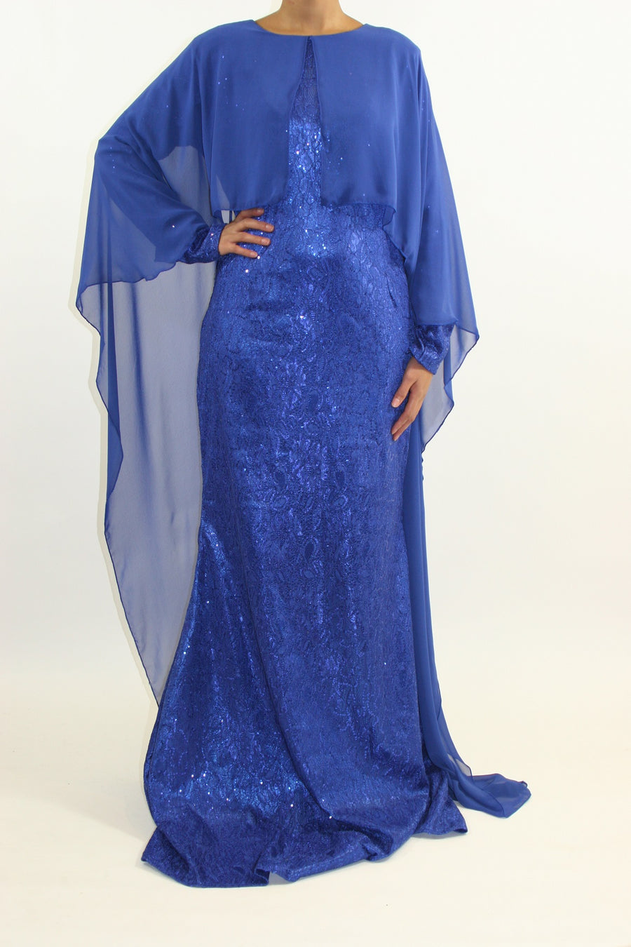Mermaid-inspired silhouette of the blue lace and satin occasion dress