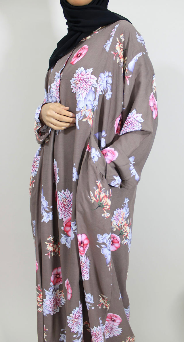 Taupe floral maxi dress with pockets, full-length front view