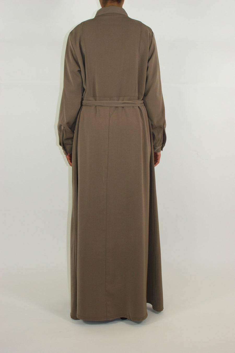 Dark beige maxi jacket showing collared neck and button front