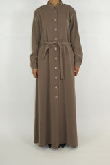 Dark beige long sleeve maxi jacket with belt, front view