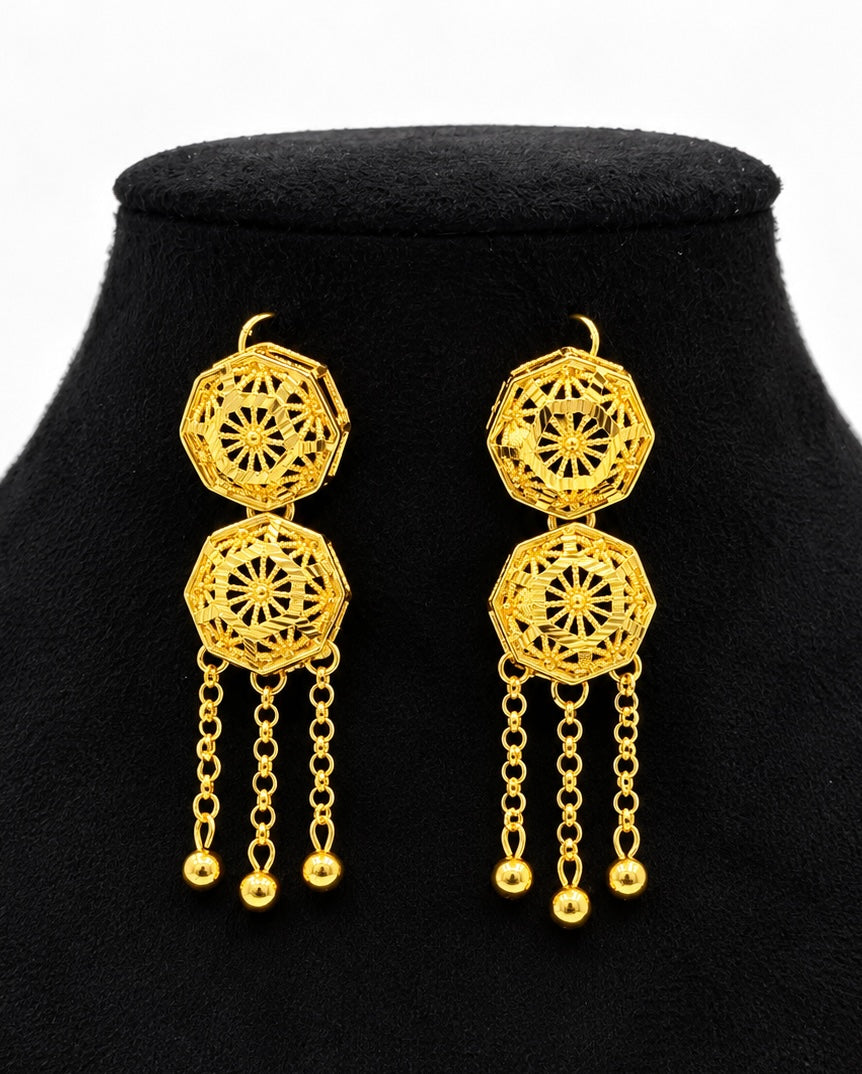 Gold-tone octagon starburst drop earrings with chain tassels