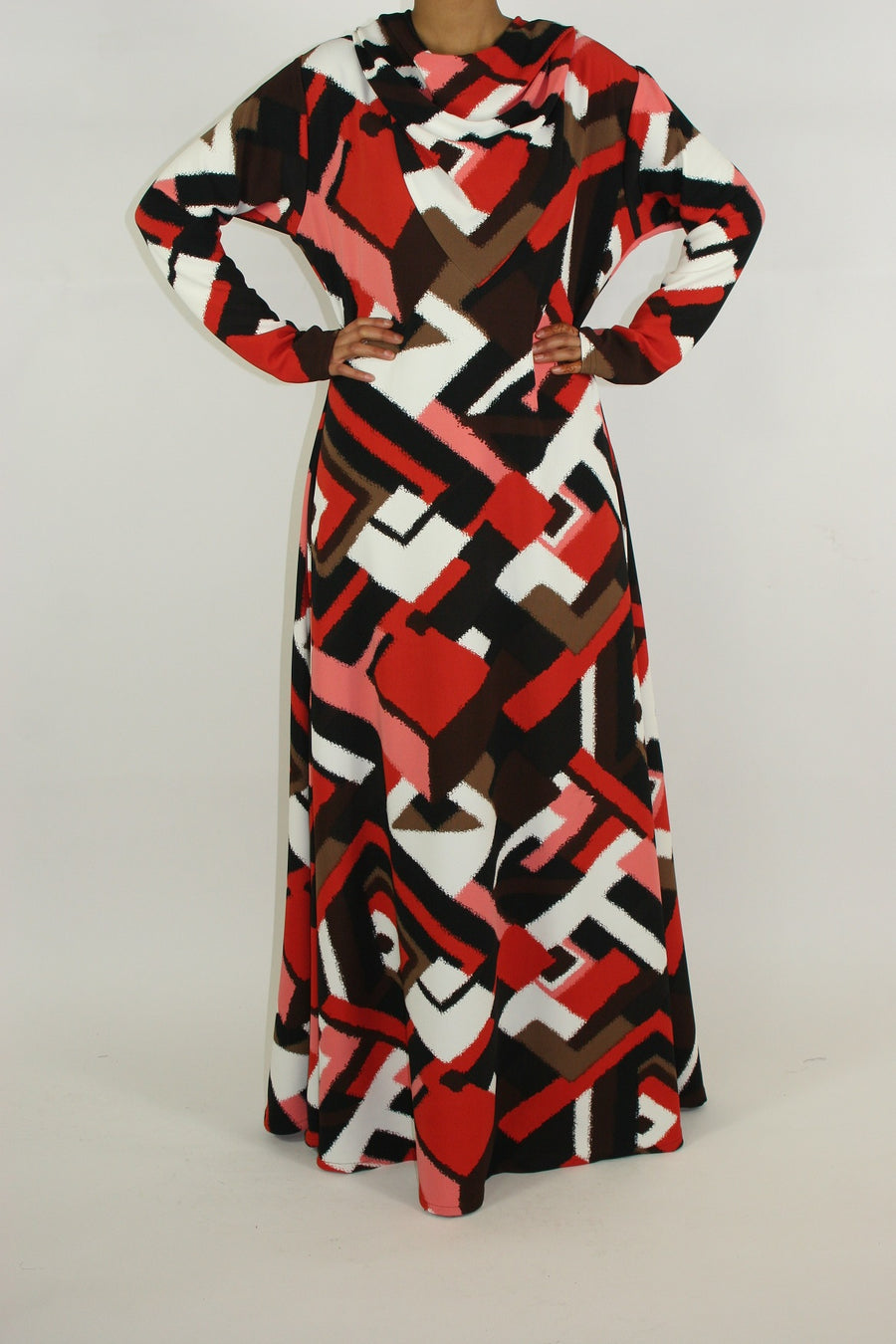 Bold abstract print hooded jersey maxi dress, front view