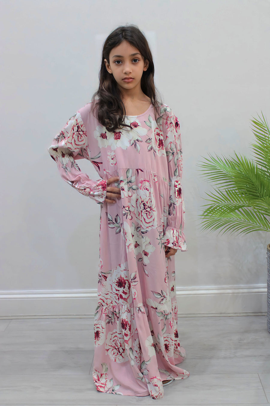 Puff sleeve and floral print detail on candy pink girls' dress