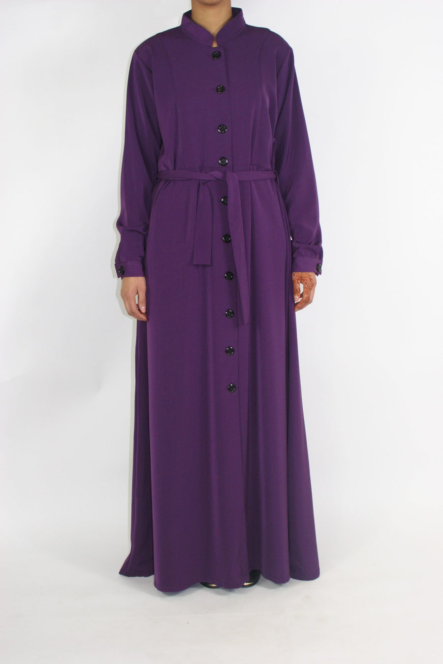 Purple long sleeve maxi jacket with belt, front view
