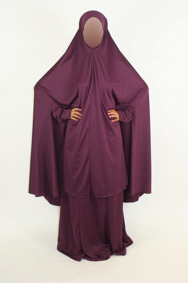 Purple two-piece jersey overhead jilbab, full-length front view