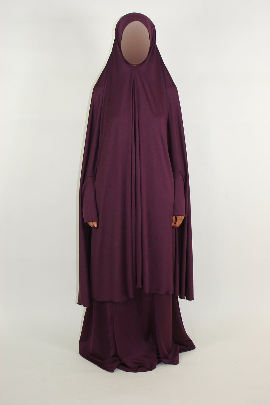 Amani's purple two-piece jersey stretch jilbab, side view
