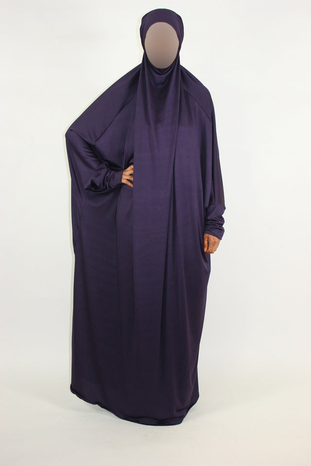 Purple one-piece jersey overhead jilbab, full-length front view