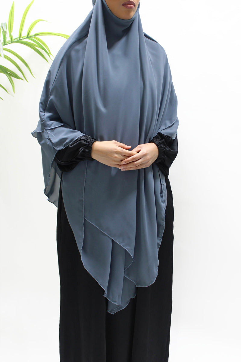 Grey two-layer diamond chiffon khimar from the Amani's Khimars collection