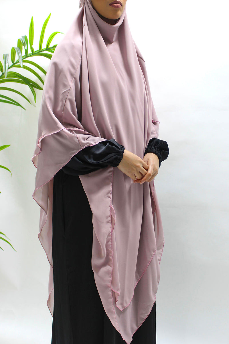 Rose mauve two-layer diamond chiffon khimar shown from the front with full chest coverage