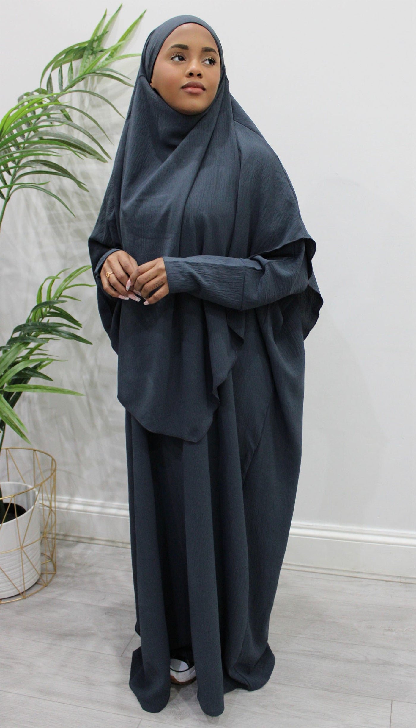 Anchor grey abaya and khimar set showing coordinated full coverage