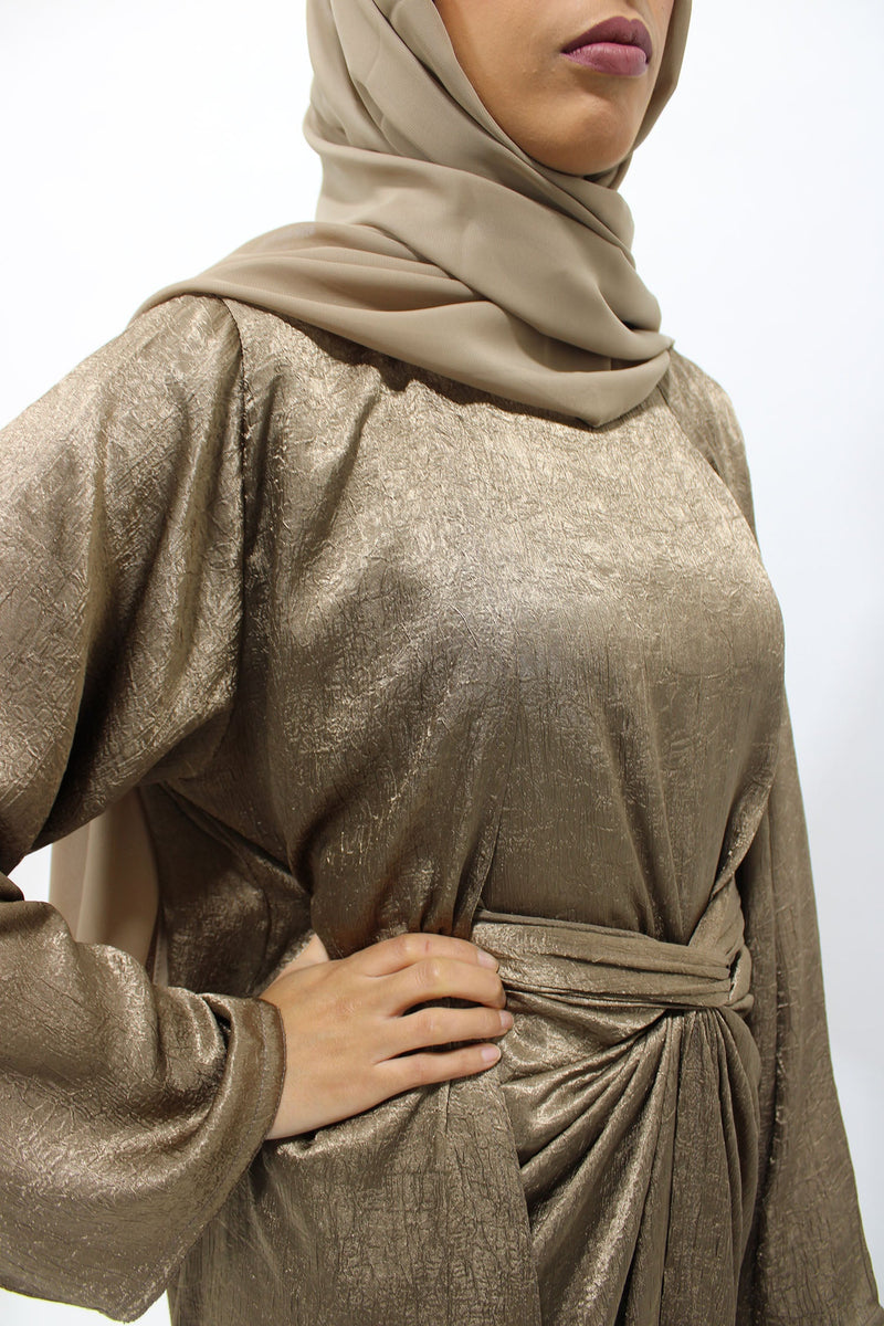Luxor gold kimono-style open abaya set showing the layered front and flowing outer shape