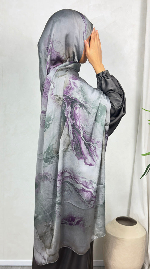 Grey and purple satin chiffon hijab used to illustrate graduation scarf colour and drape planning