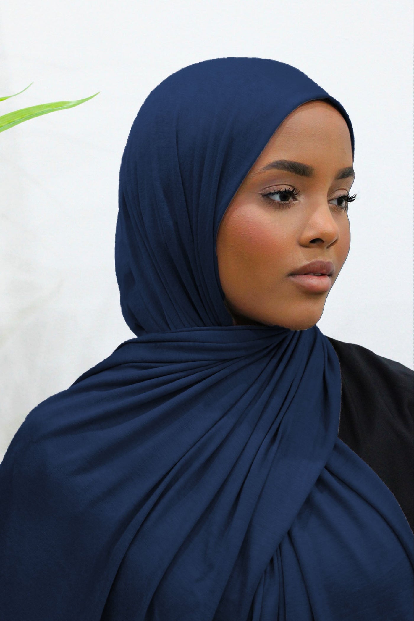 Navy blue jersey hijab for secure, practical Hajj wear