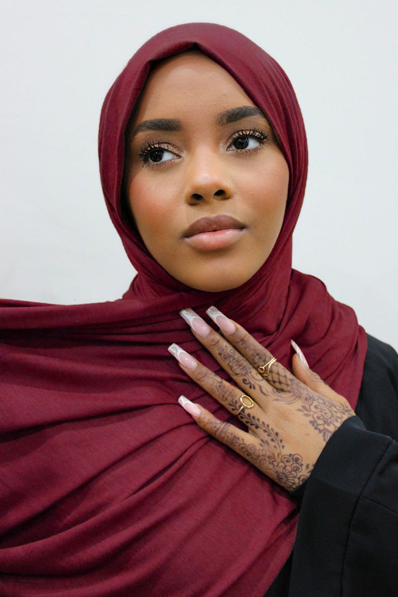 Hibiscus jersey hijab arranged for a secure head wrap tutorial