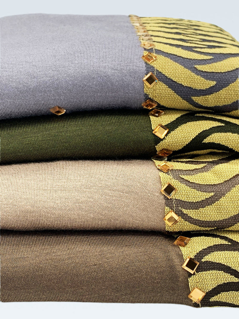 Grey tiger stripe border hijab showing soft drape for butterfly crown hijab styling