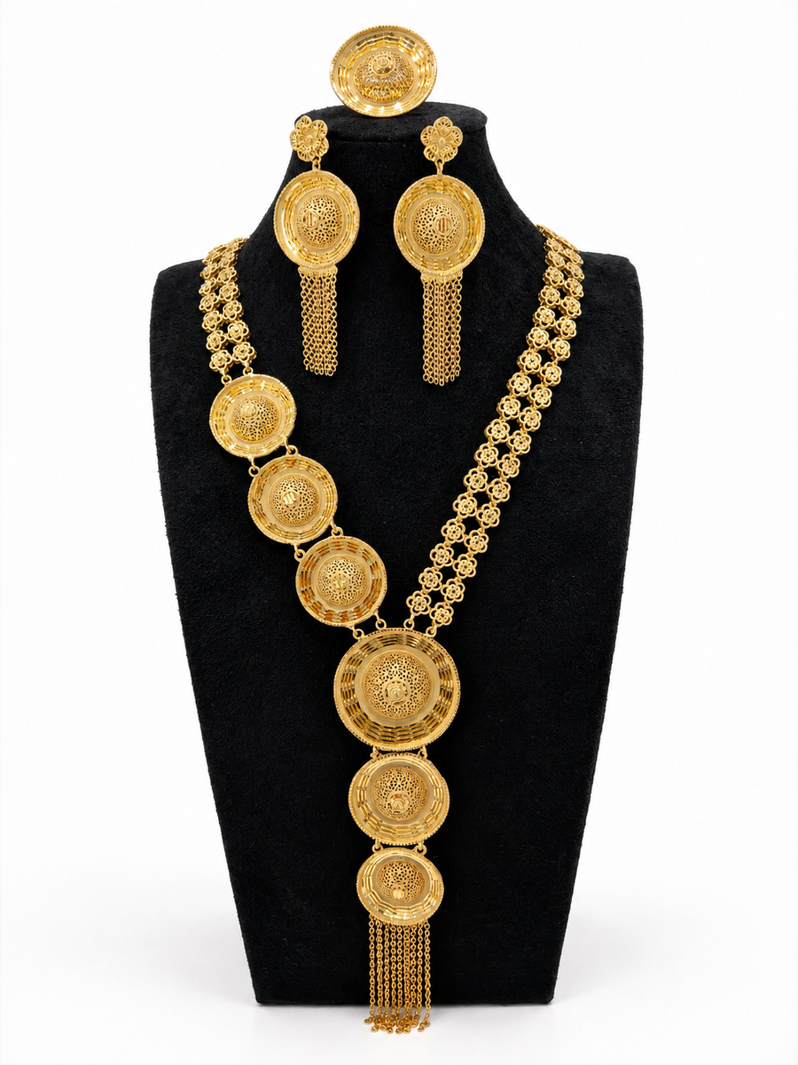 1 gram gold-plated circular filigree jewellery set with necklace, earrings and ring