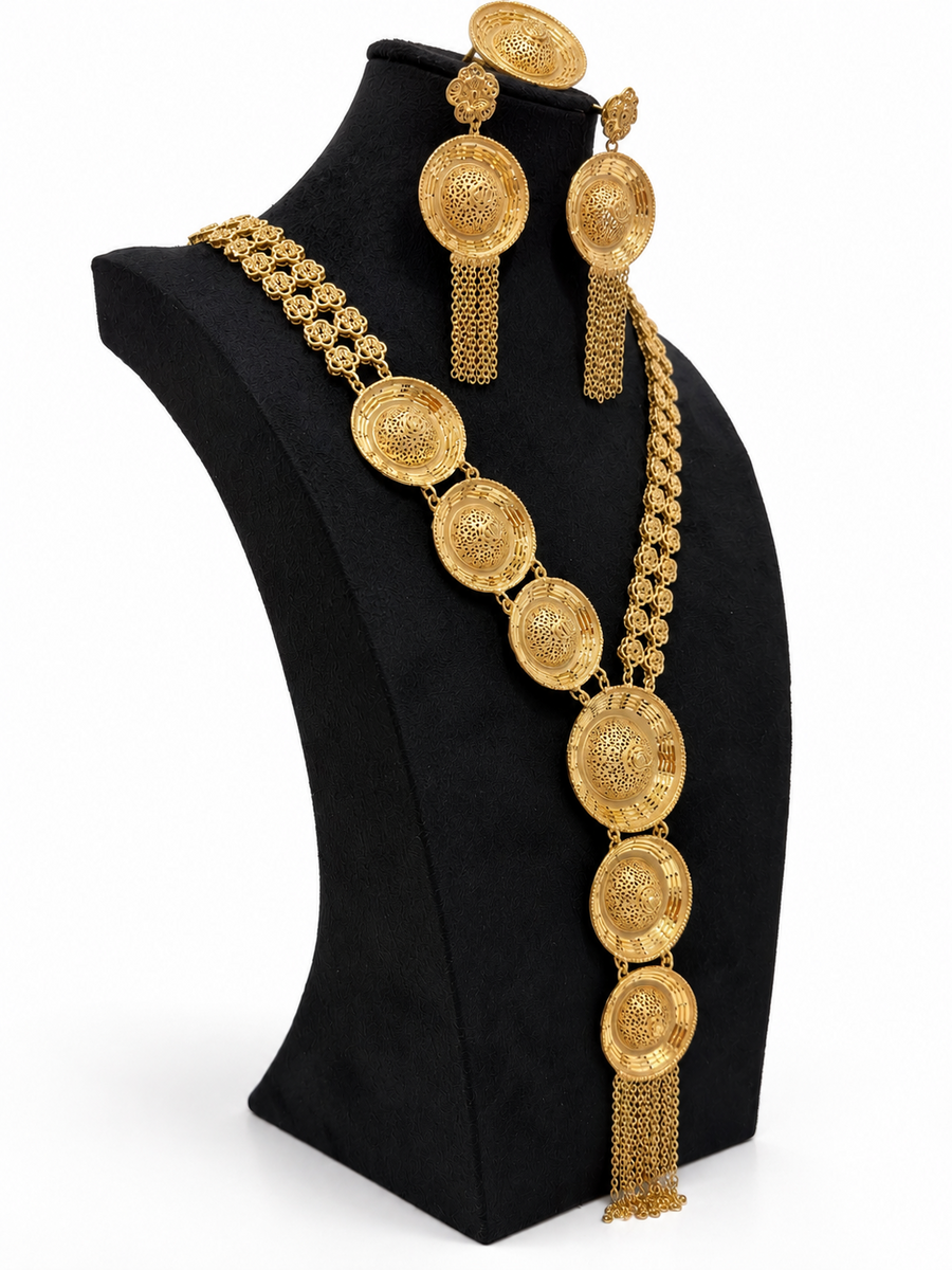 Side view of 1 gram gold-plated circular filigree jewellery set