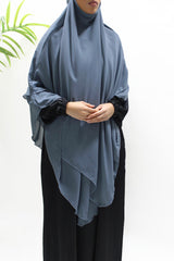 Grey two-layer diamond chiffon khimar shown from the front with full chest coverage