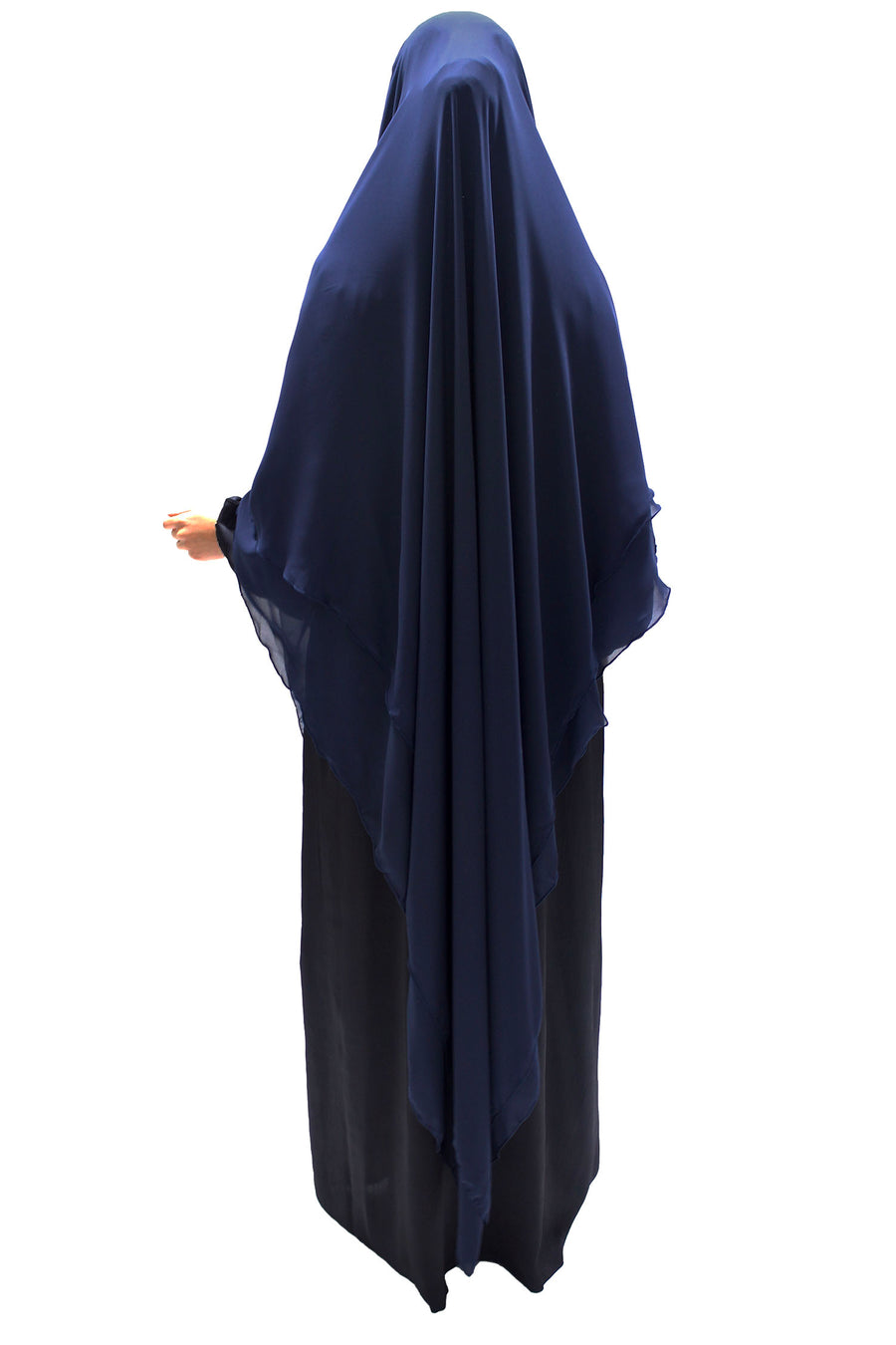 Navy diamond chiffon khimar side view showing soft drape and extra length