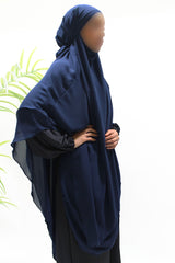 Deep navy two-layer diamond chiffon khimar shown from the front with full chest coverage