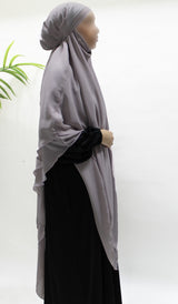 Pale mauve two-layer diamond chiffon khimar shown draped with full chest coverage