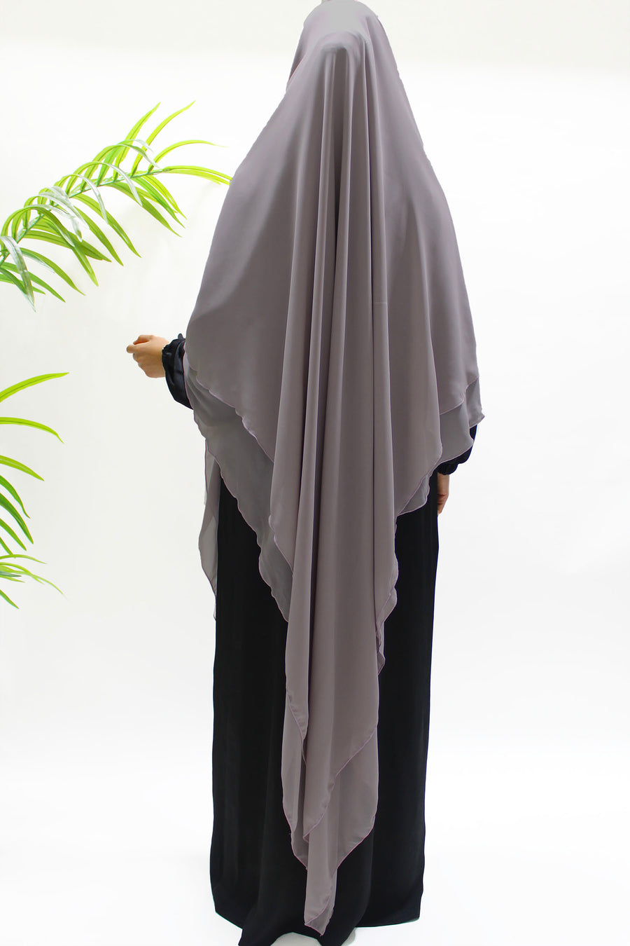 Pale mauve chiffon khimar front view showing soft colour and flowing length