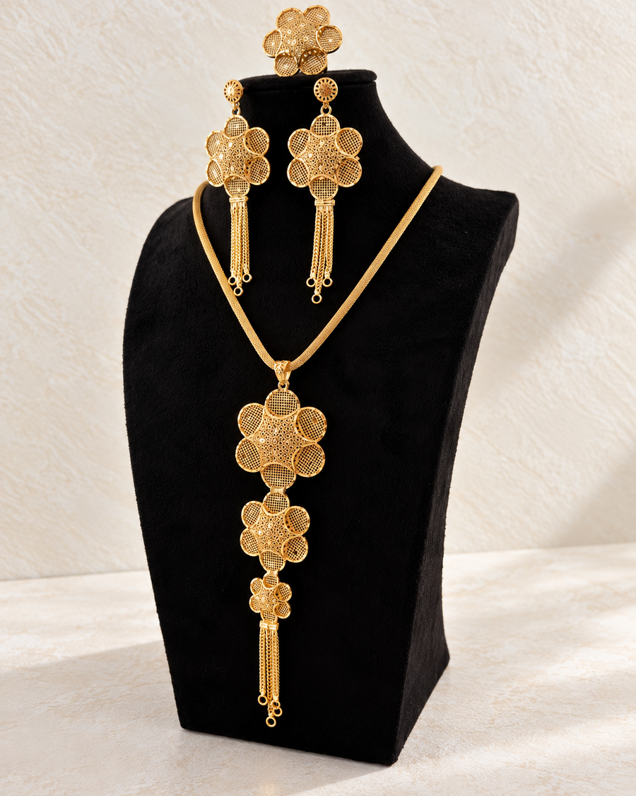 24K gold-plated floral tassel necklace and matching earrings