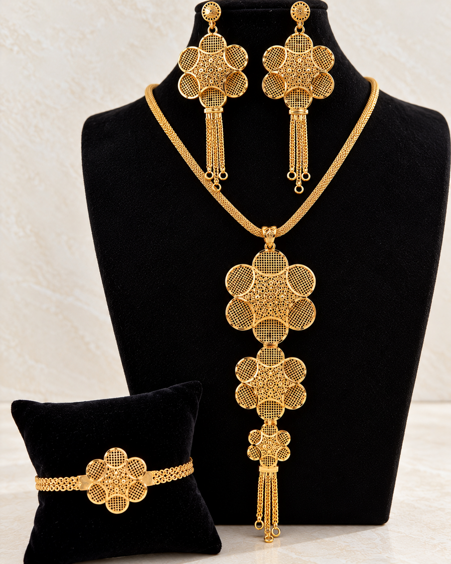 24K gold-plated jewellery set with floral necklace earrings and bracelet