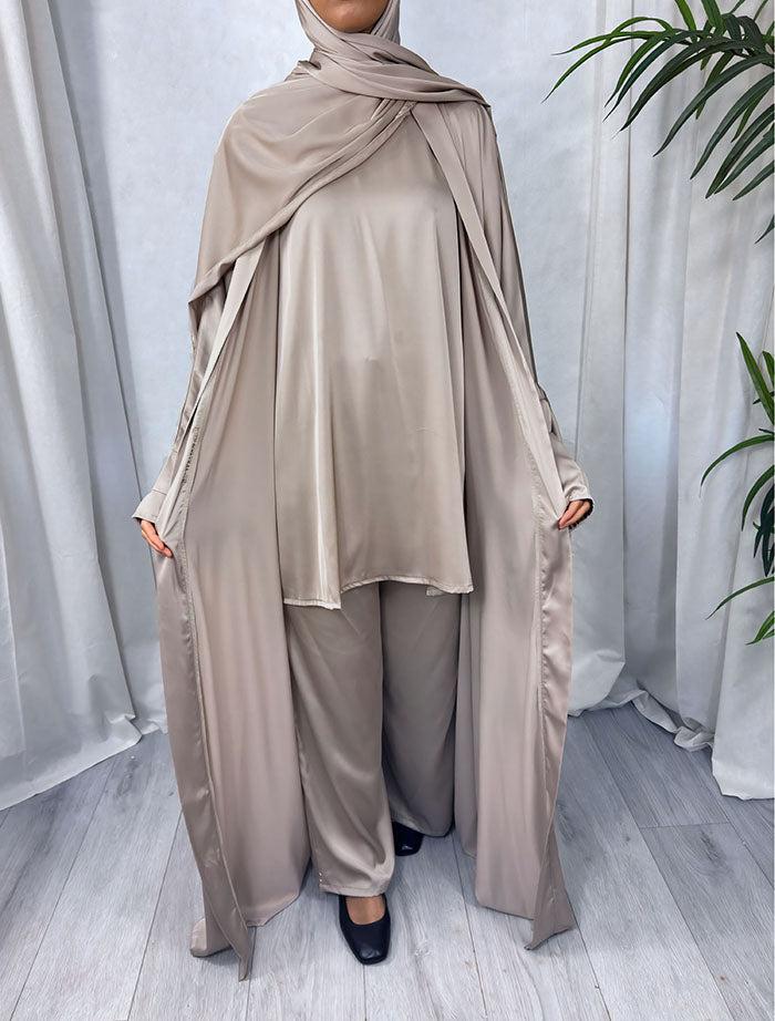 Dark nude satin abaya set detail with long-sleeve top