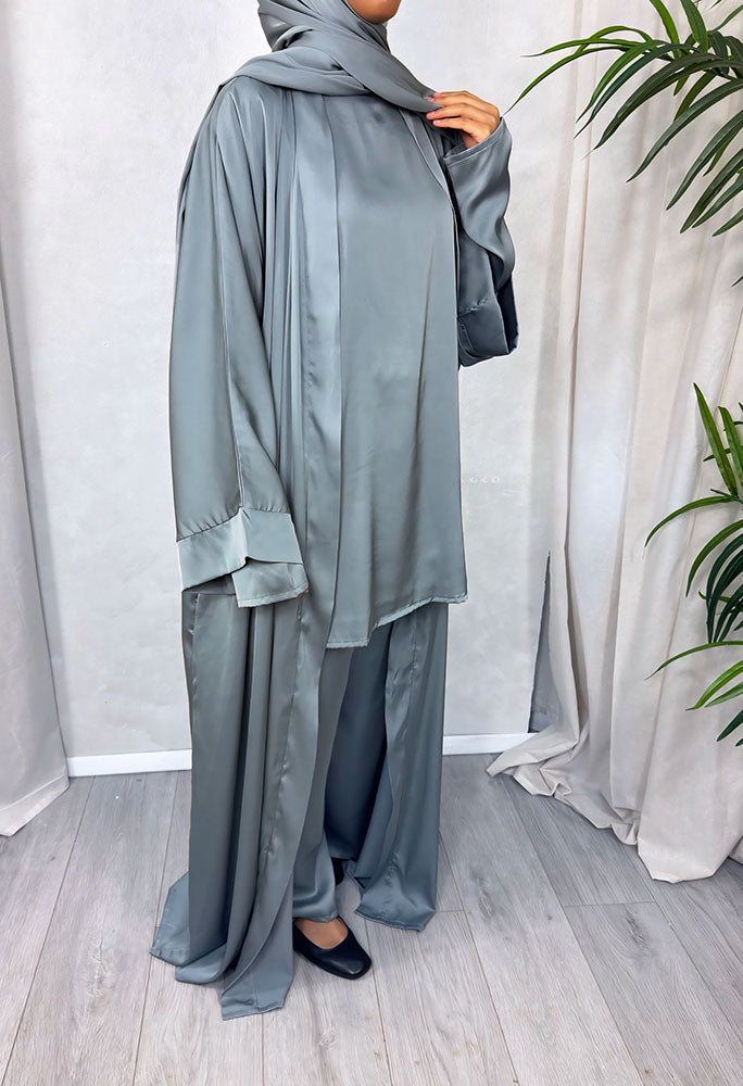 Dark sage satin abaya set detail with long-sleeve top
